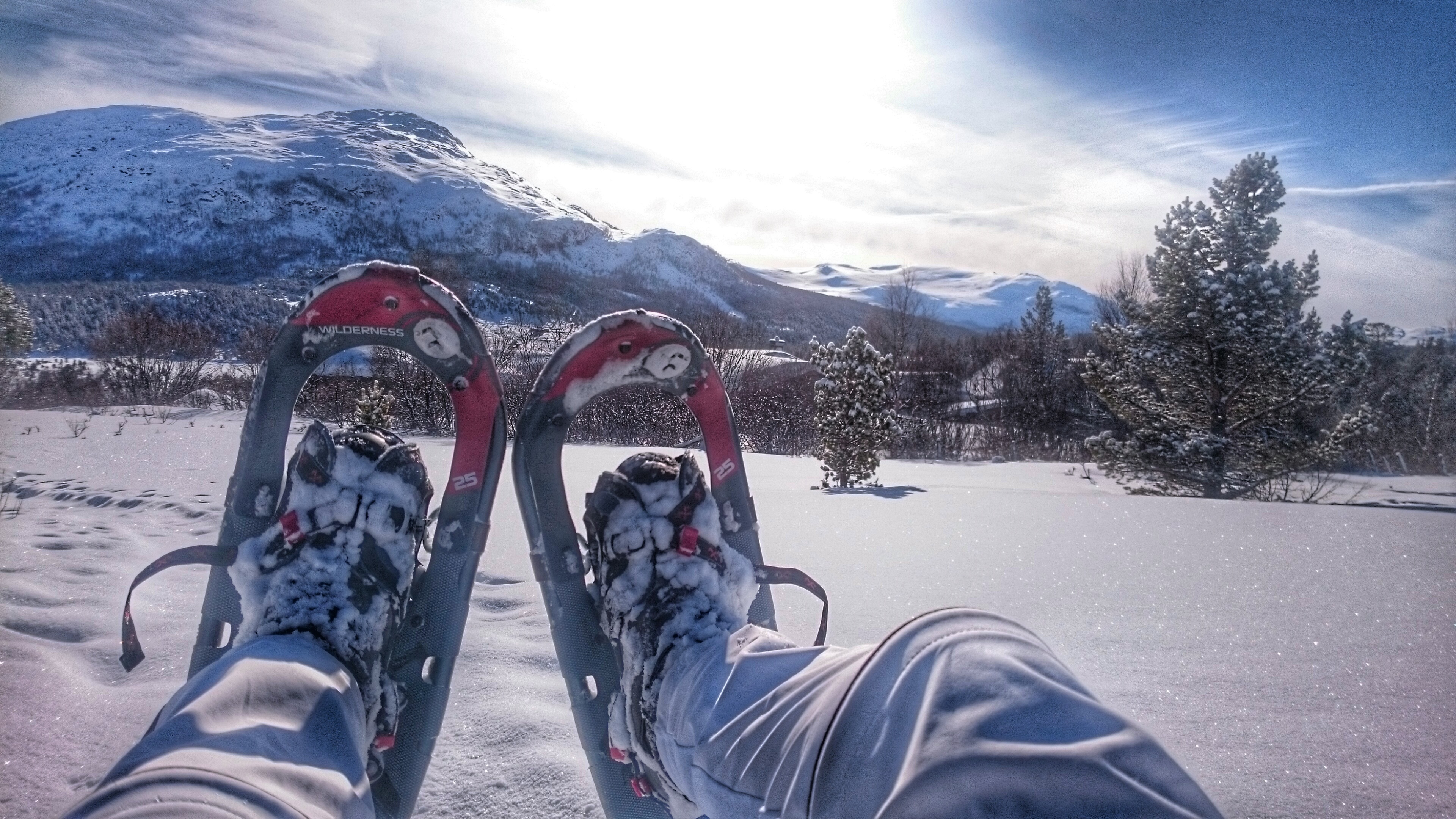 To føtter med truger på foran vinterlandskap