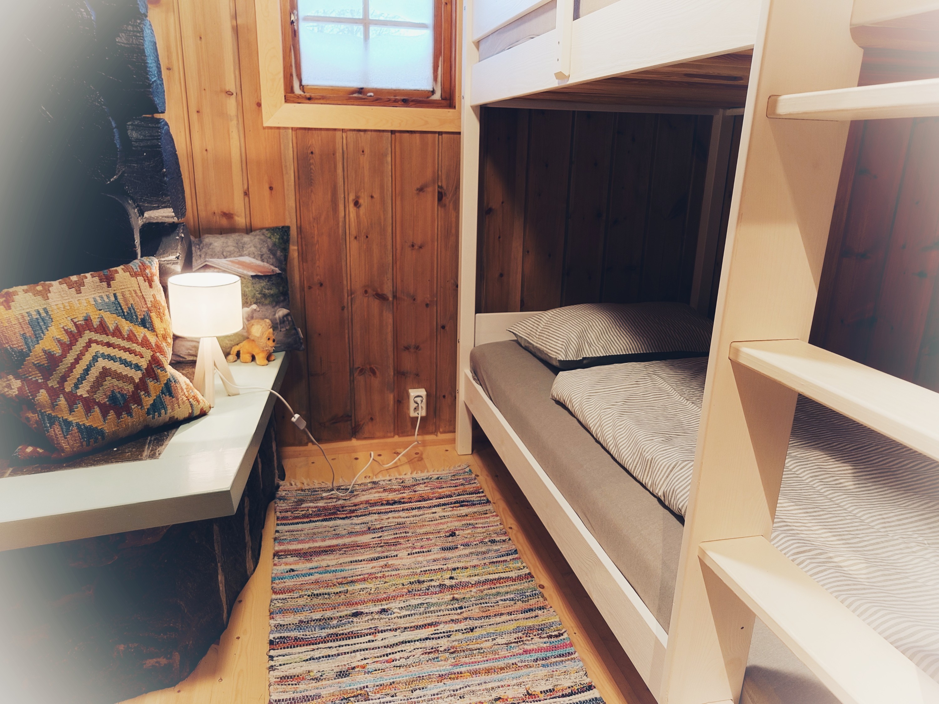 Small cosy bedroom with white bunk bed